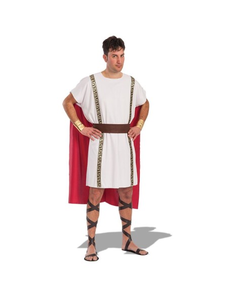 Costume romano da centurione con tunica bianca, mantello rosso e cintura marrone per feste a tema
