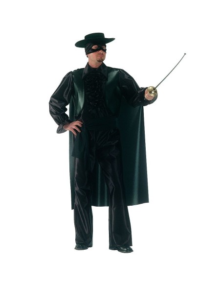 Costume cavaliere nero con mantello lungo, cappello e spada per feste a tema