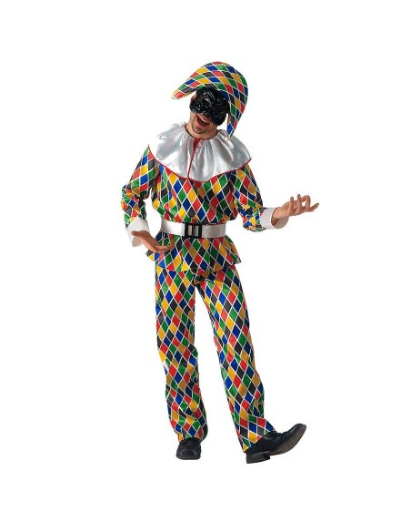 Costume Arlecchino multicolore con rombi geometrici, cappello e colletto bianco per Carnevale