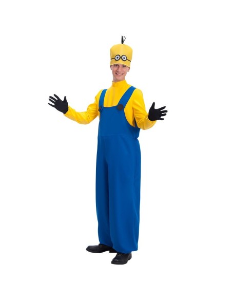 Costume omino giallo con tuta blu, maglietta gialla e cappello con occhialini per feste a tema