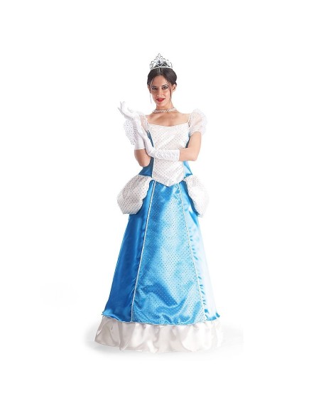 Costume Cenerentola donna con abito lungo blu e bianco, corpetto decorato e gonna principesca per feste a tema fiabe