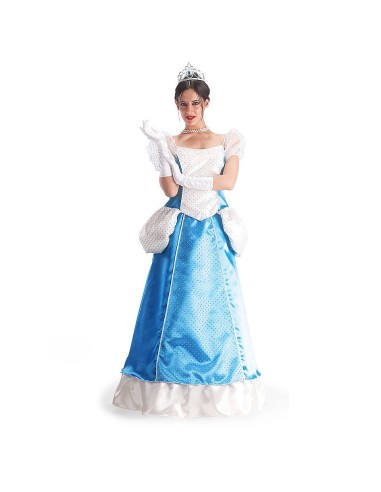 Costume Cenerentola donna con abito blu e bianco, corona e guanti principessa Disney fiabe