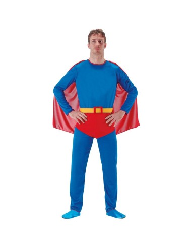 Costume supereroe uomo blu con mantello rosso e cintura gialla Flying man