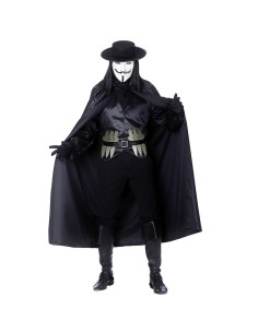 Costume Mister Vendetta con maschera bianca, mantello nero e abiti scuri per travestimenti Halloween