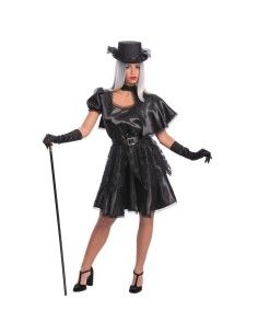 Costume strega nero con abito scollato cappello cilindro guanti lunghi bastoncino Halloween donna
