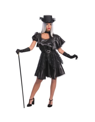 Costume strega nero con abito scollato cappello cilindro guanti lunghi bastoncino Halloween donna