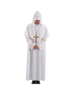 Costume frate bianco con saio lungo cappuccio e croce per feste medievali Halloween