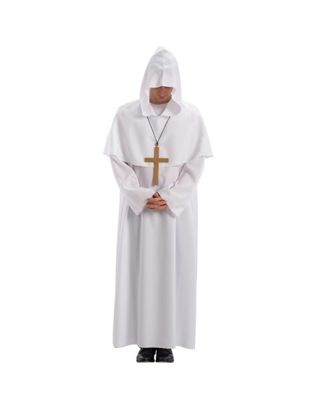 Costume frate bianco con saio lungo cappuccio e croce per feste medievali Halloween