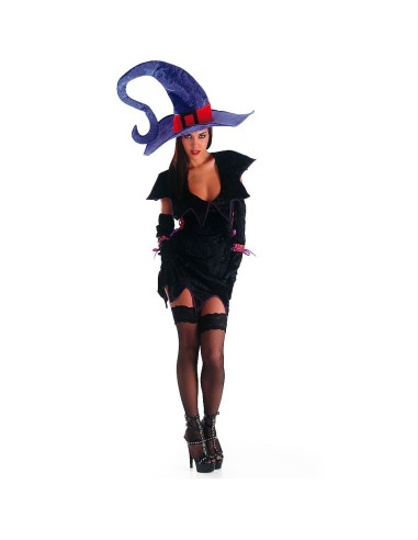 Costume strega Desideria nero con cappello blu e mantello per Halloween donna
