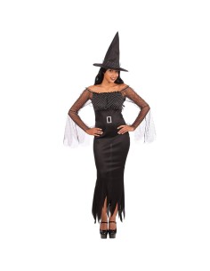 Costume strega nero glamour con cappello a punta e maniche trasparenti per Halloween donna