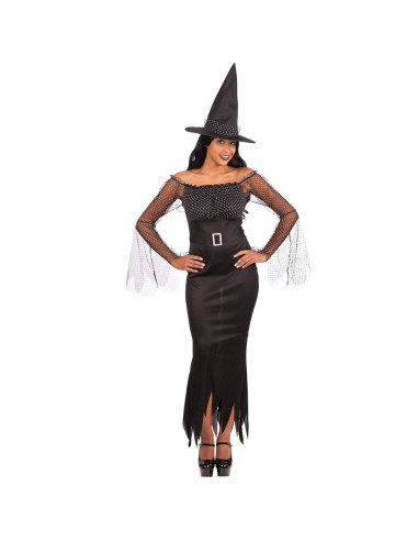 Costume strega nero glamour con cappello a punta e maniche trasparenti per Halloween donna