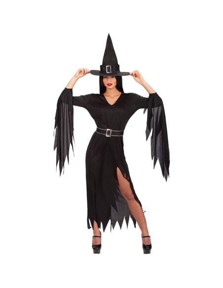 Costume strega Morticia nero con vestito lungo, cappello a punta e mantello per Halloween donna