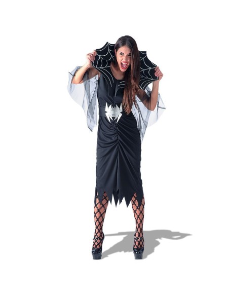 Costume strega ragno nero con mantello vaporoso e cappuccio, abito con stampa ragnatela per Halloween