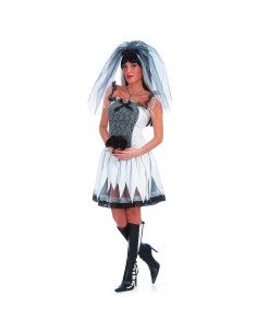 Costume sposa infernale donna con abito bianco e nero, velo grigio e stivali neri per Halloween