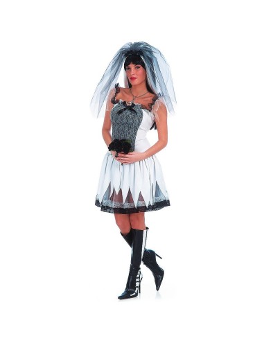 Costume sposa infernale donna con abito bianco e nero, velo grigio e stivali neri per Halloween