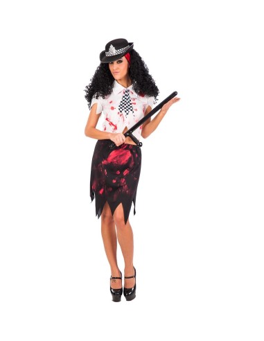 Costume poliziotta zombie insanguinata con camicia bianca, gonna nera e cappello per Halloween horror
