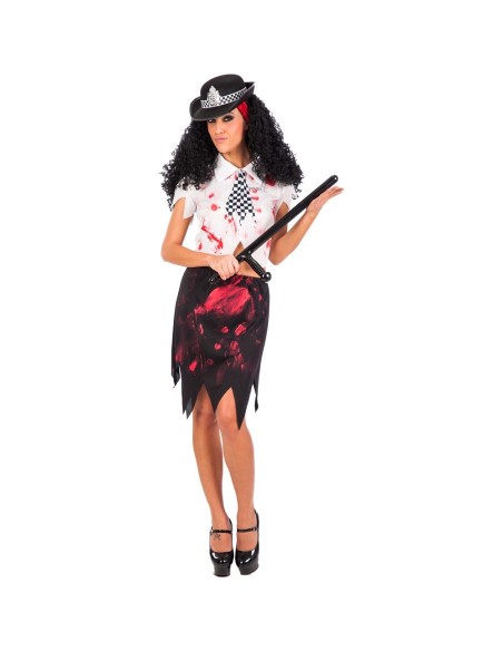 Costume poliziotta zombie insanguinata con camicia bianca, gonna nera e cappello per Halloween horror