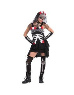 Costume scheletro donna messicana nero con stampa ossea busto gonna balze guanti decorati Halloween