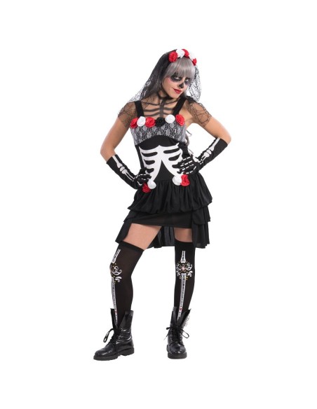 Costume scheletro donna messicana nero con stampa ossea busto gonna balze guanti decorati Halloween