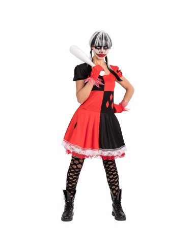 Costume clown girl horror donna con vestito rosso nero e capelli grigi per Halloween