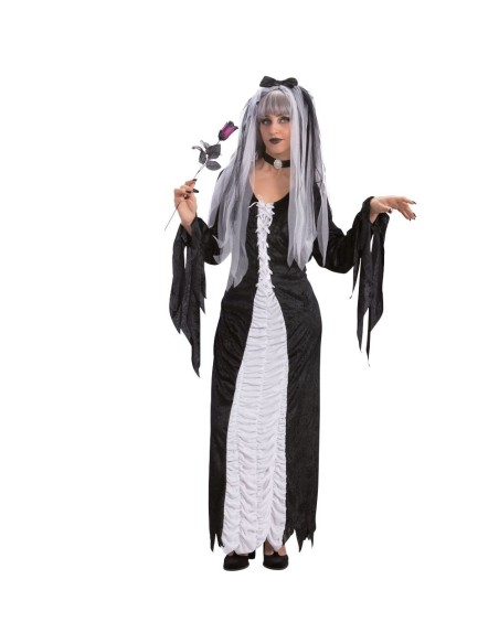 Costume strega cadavere nero con inserti bianchi maniche strappate Halloween donna