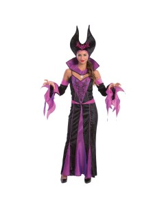 Costume strega malefica nero viola con corna mantello e abito lungo per Halloween donna
