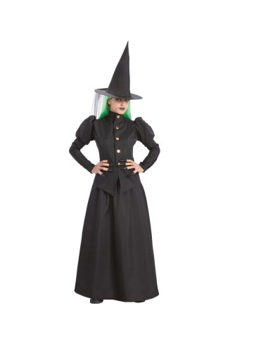 Costume da strega matrigna nero con abito lungo, cappello a punta e capelli verdi per Halloween donna