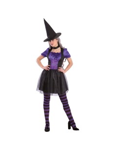 Costume strega viola e nero con corpetto, gonna tutù e calze righe per Halloween donna