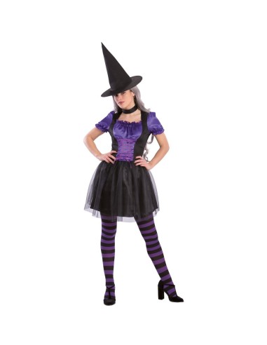 Costume strega viola e nero con corpetto, gonna tutù e calze righe per Halloween donna