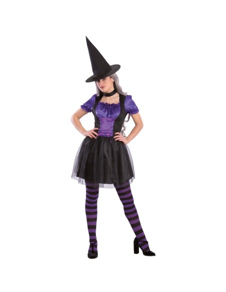 Costume strega viola e nero con corpetto, gonna tutù e calze righe per Halloween donna