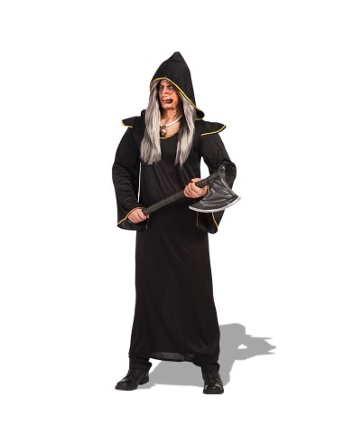 Costume demone nero con mantello lungo e cappuccio per feste Halloween horror