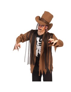 Costume zombie marrone con giacca strappata, cappello cilindro e camicia scheletro per Halloween