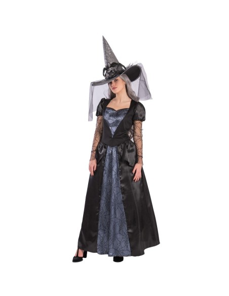 Costume strega glamour nero e blu con vestito lungo e cappello a punta per Halloween donna