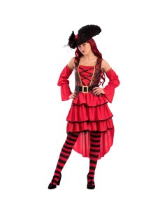 Costume corsara elegante rosso con corpetto lacci gonna balze calze righe cappello pirata Halloween Carnevale