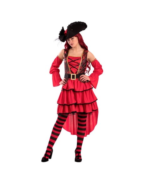 Costume corsara elegante rosso con corpetto lacci gonna balze calze righe cappello pirata Halloween Carnevale