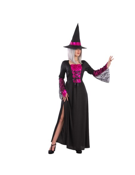 Costume da strega nero con corpetto viola, gonna lunga con spacco e maniche decorative per Halloween