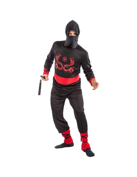 Costume ninja nero con dettagli rossi, cappuccio e fascia per feste a tema orientale