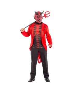 Costume demone rosso con giacca muscolare, pantaloni neri e maschera cornuta per Halloween party horror