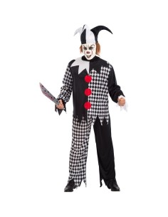 Costume pagliaccio assassino bianco nero con giacca scacchi e pantaloni strappati per Halloween horror