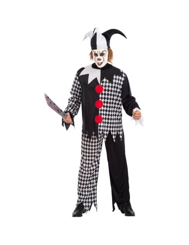 Costume pagliaccio assassino bianco nero con giacca scacchi e pantaloni strappati per Halloween horror