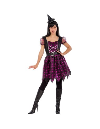 Costume da strega fucsia con ragnetti, corpetto allacciato e gonna decorata per Halloween donna