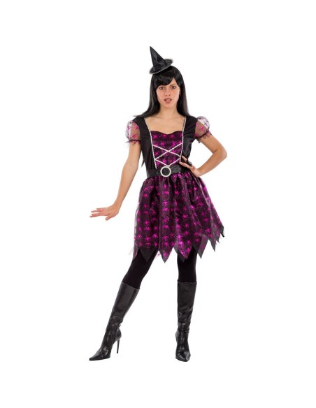 Costume da strega fucsia con ragnetti, corpetto allacciato e gonna decorata per Halloween donna