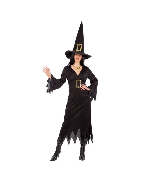 Costume strega nero completo con abito lungo, cappello a punta e mantello per Halloween donna