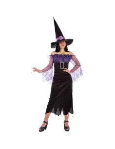 Costume strega nero viola con cappello a punta maniche trasparenti e ragnatele Halloween donna