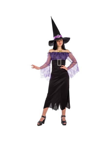 Costume strega nero viola con cappello a punta maniche trasparenti e ragnatele Halloween donna