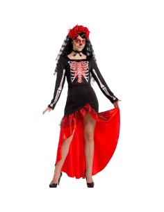 Costume spagnola scheletro nero e rosso con stampe anatomiche per Halloween Day of the Dead