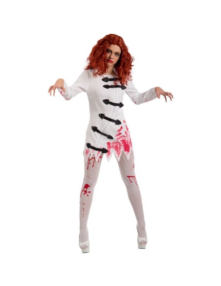 Costume pazza insanguinata con camicia di forza bianca e macchie rosse per Halloween horror donna
