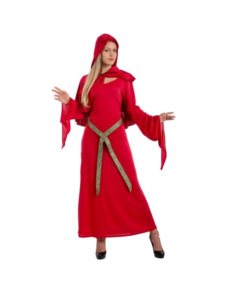 Costume sacerdotessa medievale rosso con cappuccio mantello e cintura dorata per donna Halloween