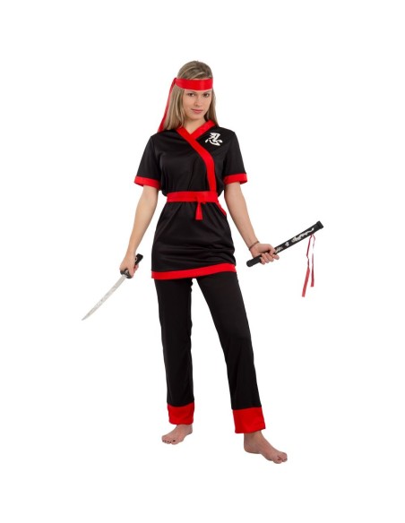Costume ninja donna nero con bordature rosse, fascia per la testa e cintura inclusa per feste a tema