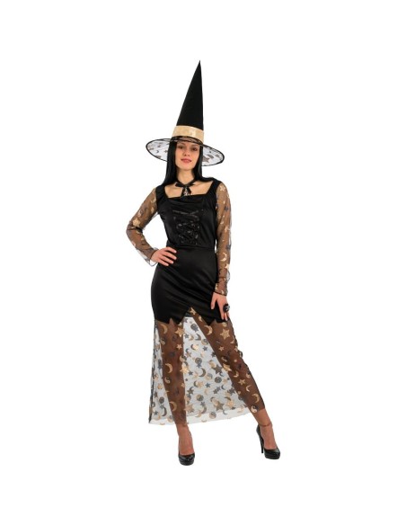 Costume da strega nero con abito lungo trasparente, cappello a punta e maniche in tulle per Halloween